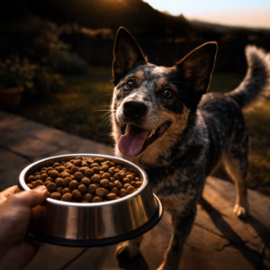 Perro moviendo la cola y mostrando su lenguaje corporal mientras es alimentado con Lucky Perros.