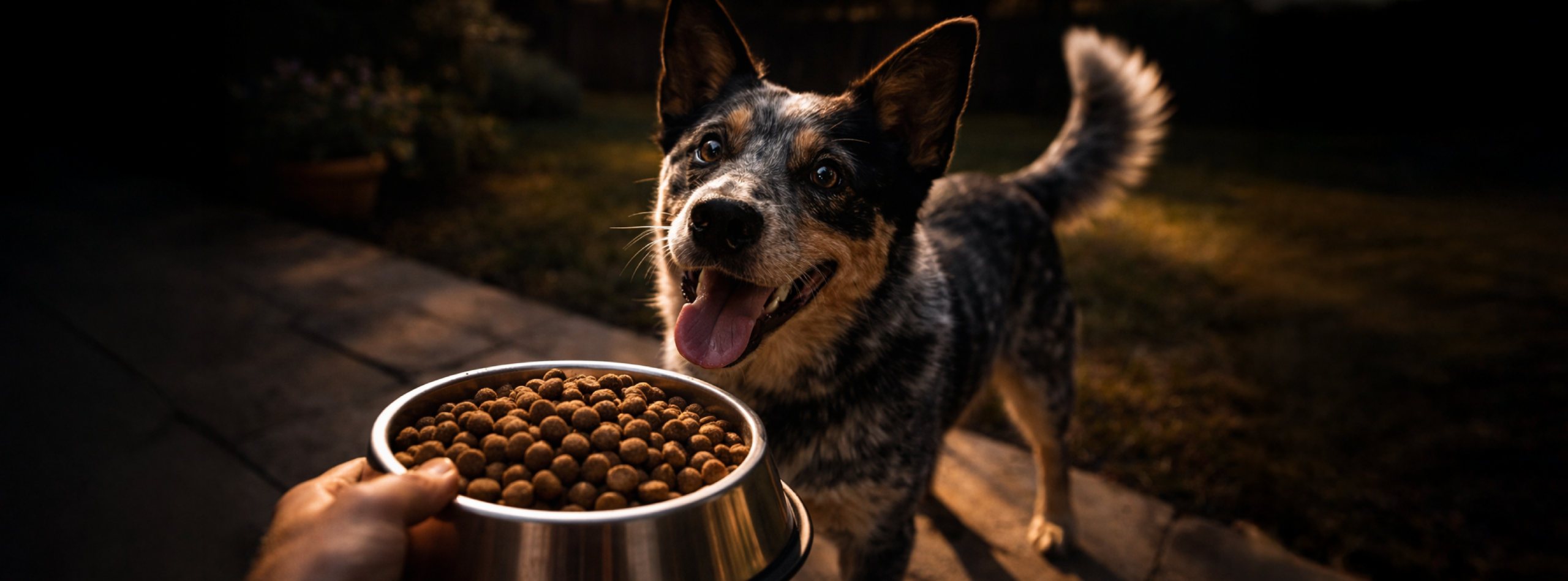 Perro moviendo la cola y mostrando su lenguaje corporal mientras es alimentado con Lucky Perros