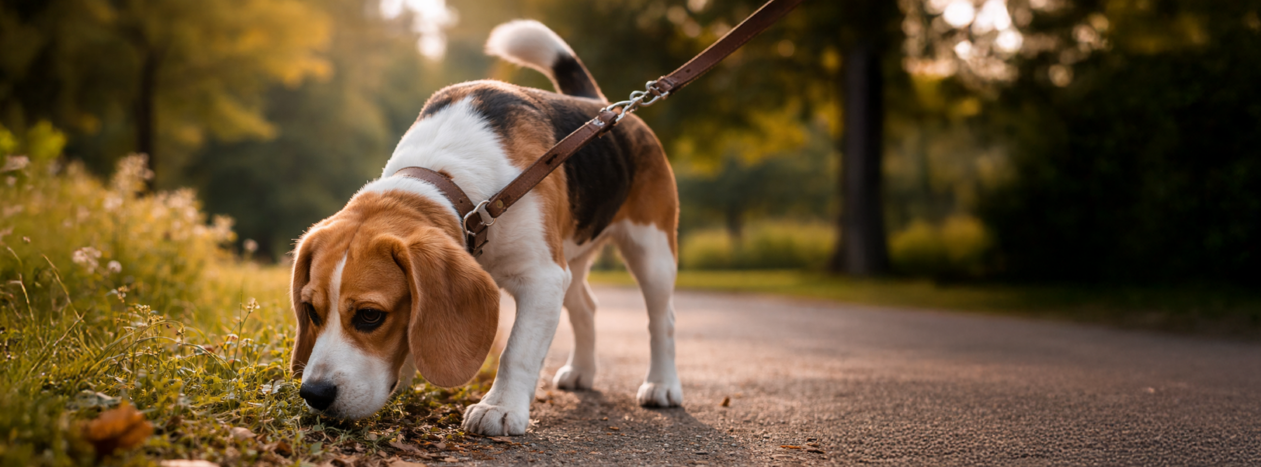 Perro olfateando su entorno durante un paseo