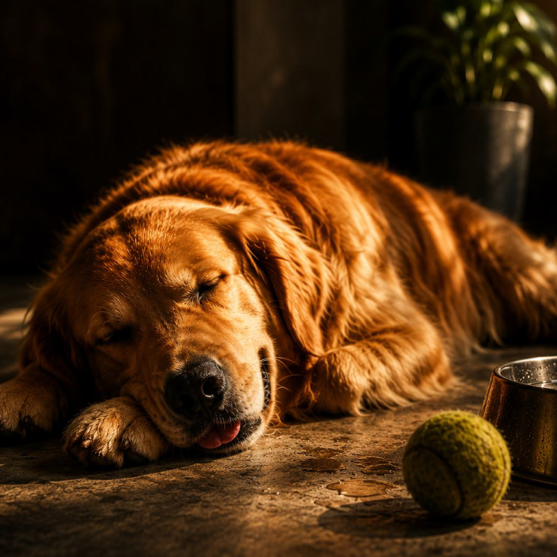 Perro descansando después de ejercicio intenso