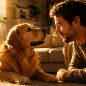 Perro observando a su dueño y reaccionando a sus emociones, mostrando el vínculo humano-animal junto a Nutrecan.