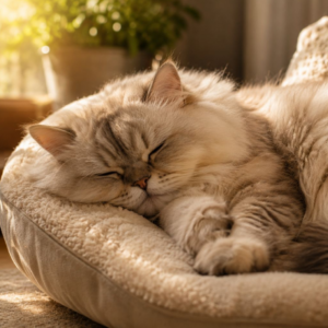 Gato durmiendo plácidamente en un espacio cómodo, reflejando descanso y bienestar junto a Nutrecat.