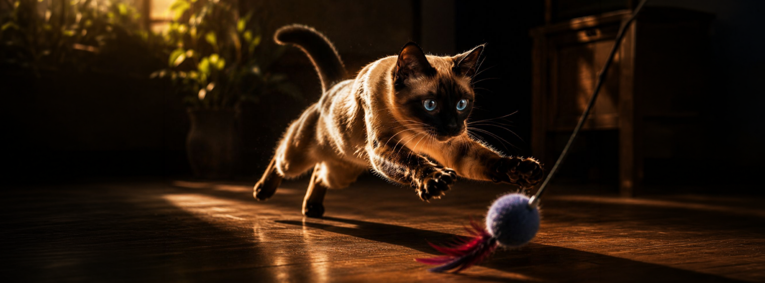 Gato reaccionando rápidamente para atrapar un juguete, mostrando reflejos y agilidad junto a Lucky Gatos.