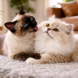 Gato activo de raza con buena condición física gracias a una alimentación rica en taurina y proteínas animales de alta calidad.