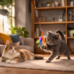 Perro jugando con su dueño en casa usando juguetes caseros y mostrando alegría y energía mientras se ejercita.