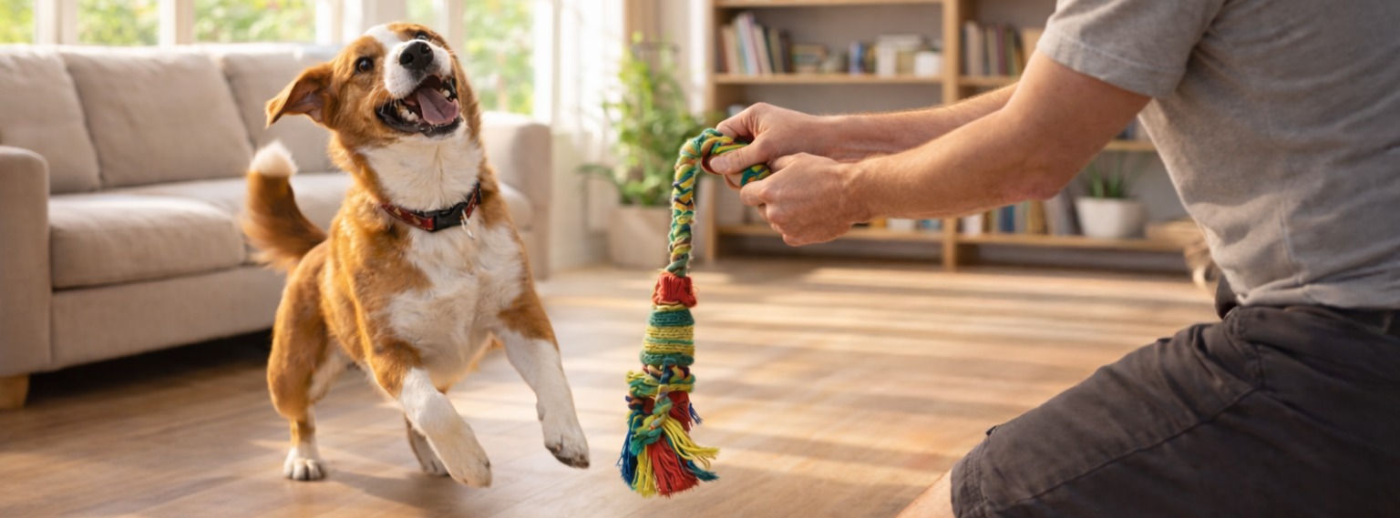 Perro jugando con su dueño en casa usando juguetes caseros y mostrando alegría y energía mientras se ejercita.