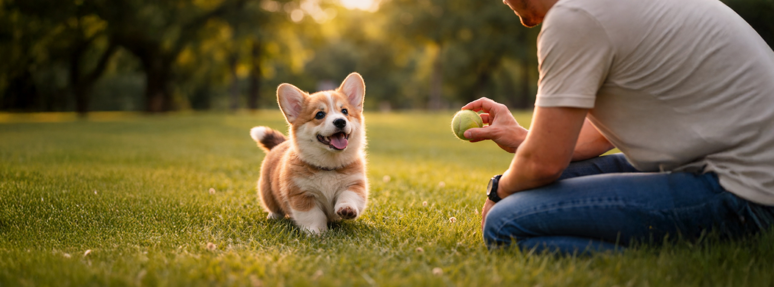 Cachorro jugando y socializando con su dueño en un parque durante su etapa temprana de desarrollo