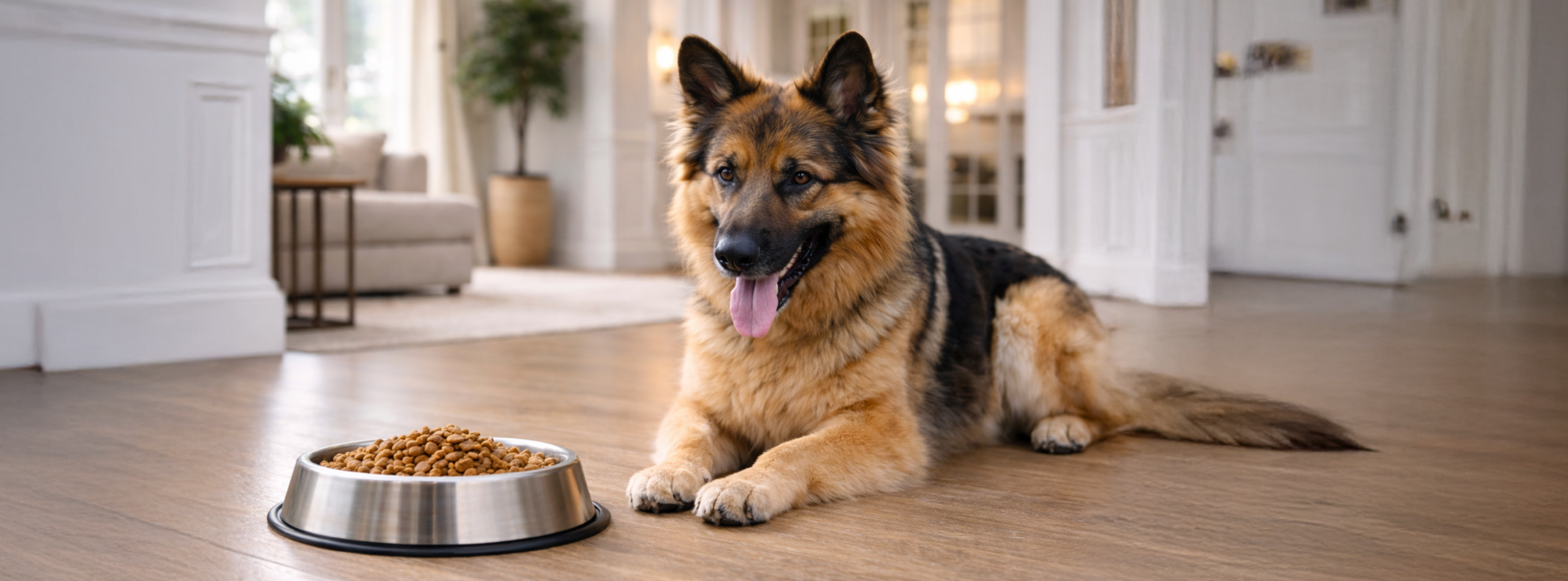 Un perro saludable y contento, mirando su comida o interactuando con ella, mostrando bienestar y energía.