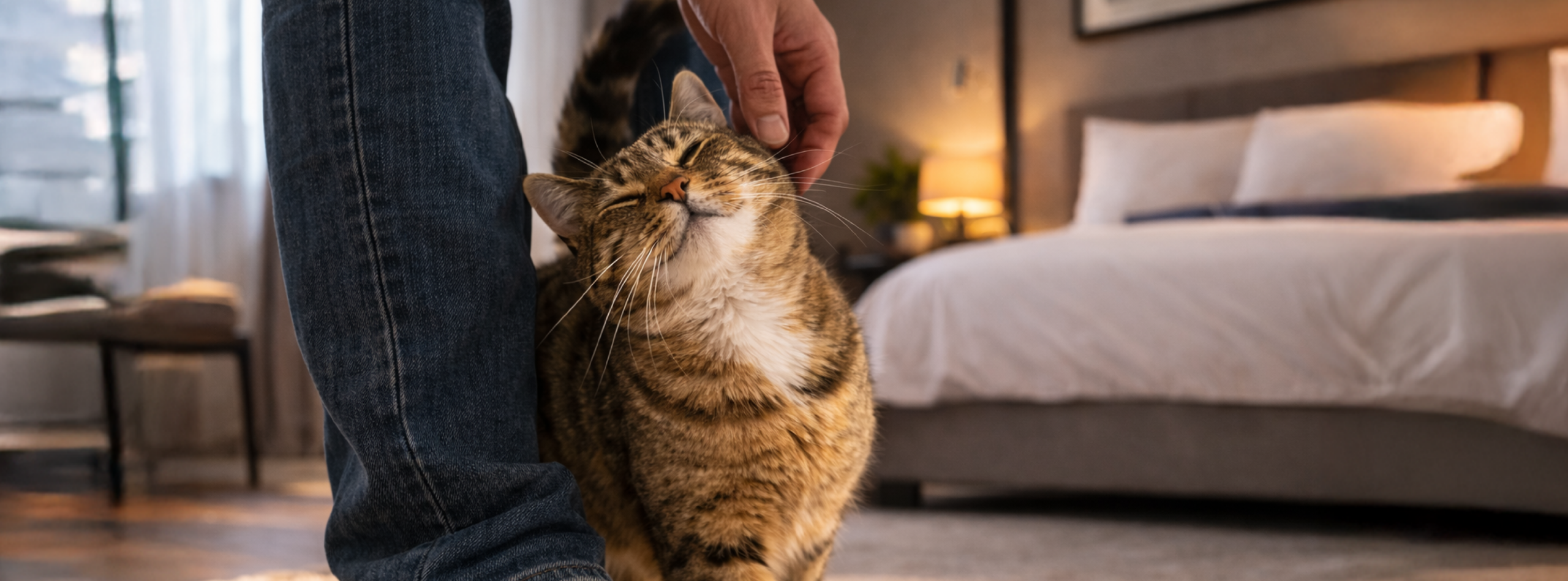 Un gato frotándose contra la pierna de su dueño