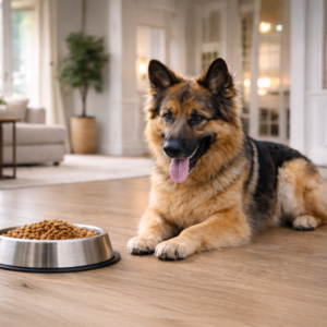Un perro saludable y contento, mirando su comida o interactuando con ella, mostrando bienestar y energía.