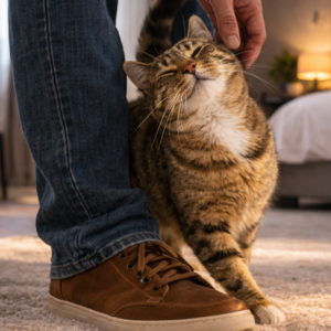 Un gato frotándose contra la pierna de su dueño